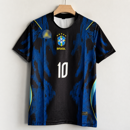 Black and blue soccer jersey with number 10 on a hanger against a white background