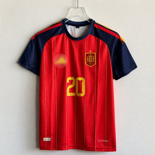 Red and navy sports jersey with yellow number 20 on a white background