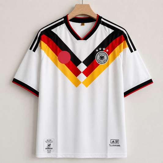 White sports jersey with red, yellow, and black design on a hanger against a light gray background