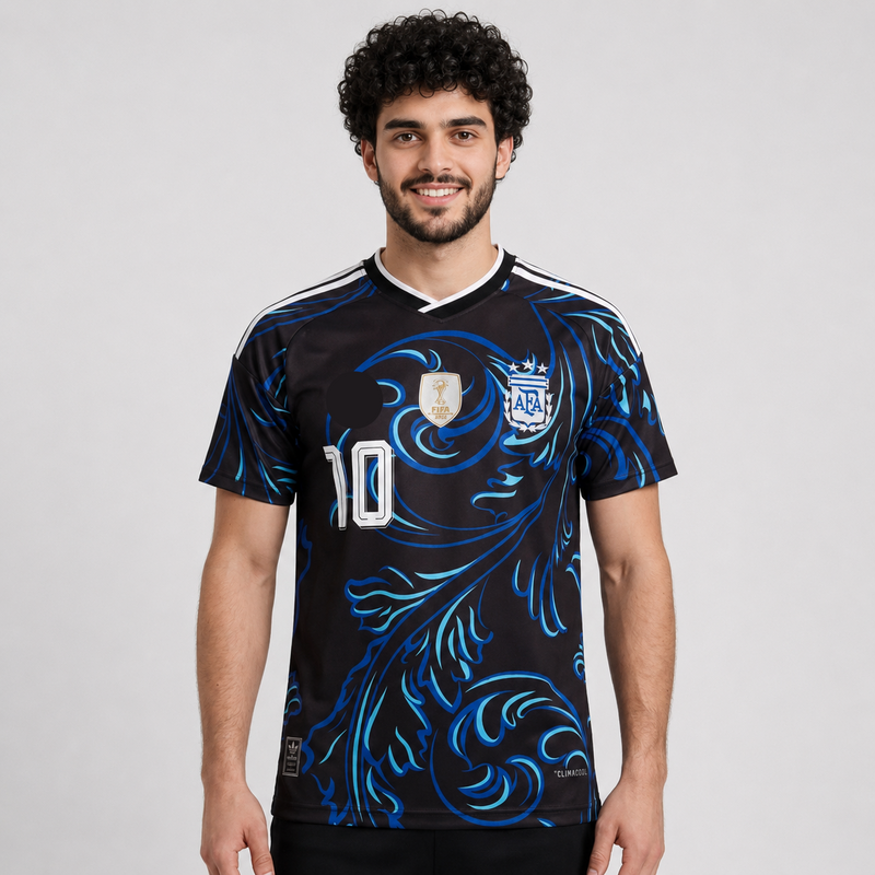 Person wearing a black and blue sports jersey with a logo on a white background