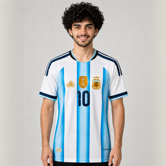 Person wearing a Argentina soccer jersey with blue and white stripes on a gray background