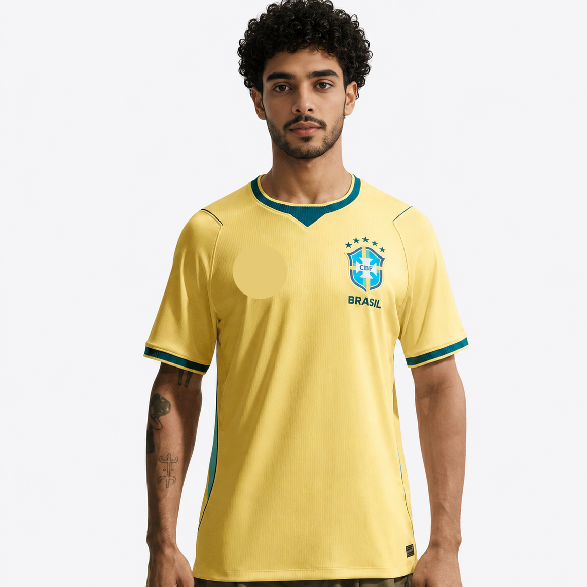 Man wearing a yellow soccer jersey with Nike logo on a white background
