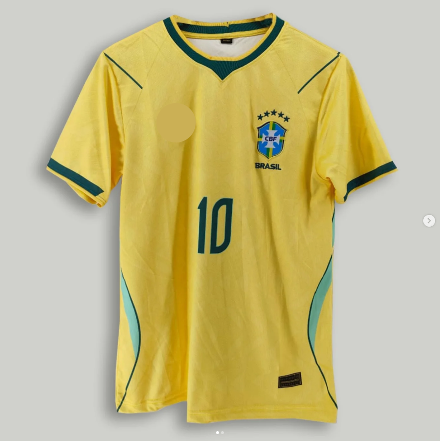 Yellow soccer jersey with number 10 and 'Brasil' logo on a gray background