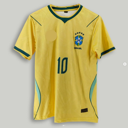 Yellow soccer jersey with number 10 and 'Brasil' logo on a gray background