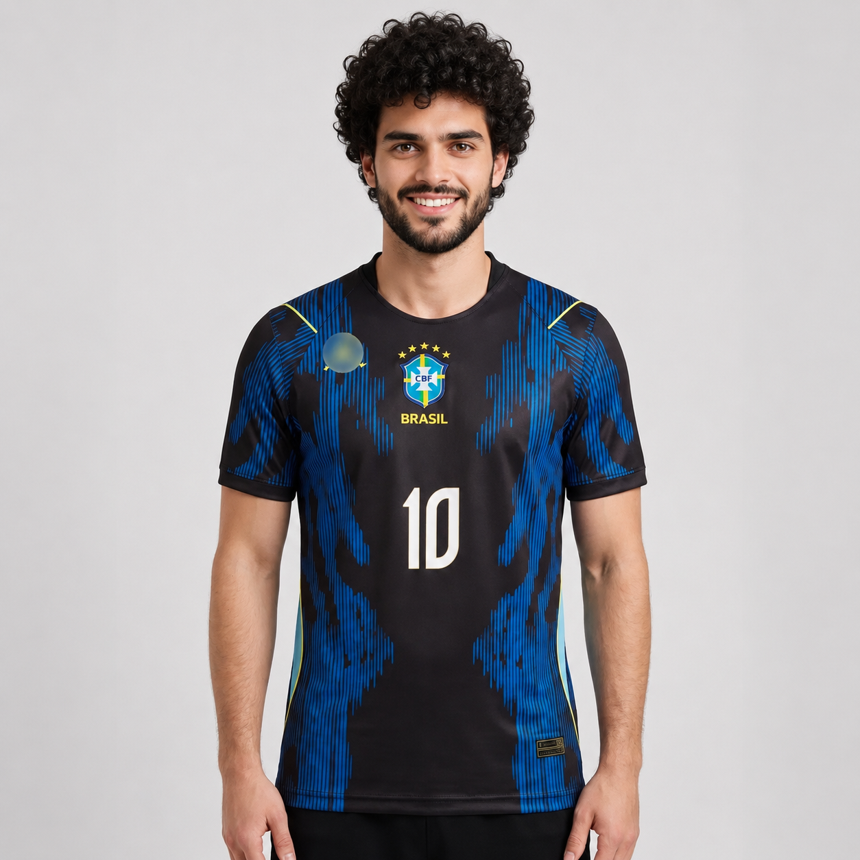 Person wearing a black and blue soccer jersey with 'Brasil' and number '10' on a gray background