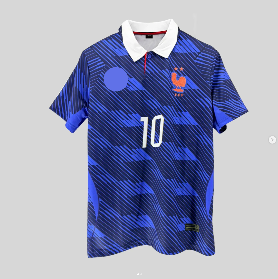 Blue soccer jersey with white collar and number 10 on a gray background