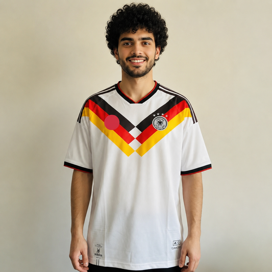 Person wearing a white sports jersey with red, yellow, and black design on a plain background