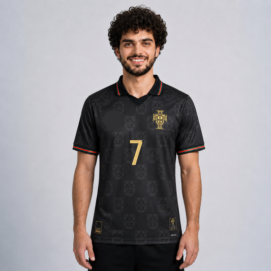 Person wearing a black sports jersey with a gold number 7 on a gray background
