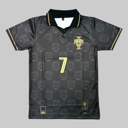 Black sports jersey with gold emblem and number 7 on a gray background