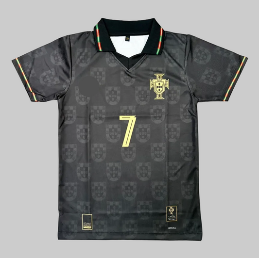 Black sports jersey with gold emblem and number 7 on a gray background