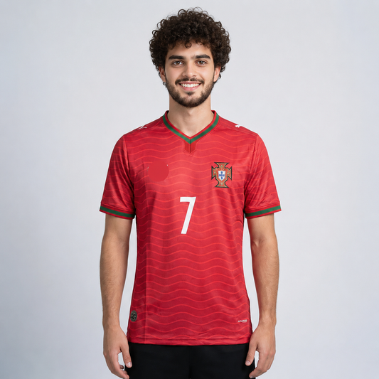 Person wearing a red soccer jersey with a logo and number on a light gray background