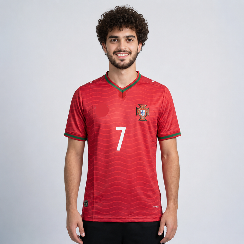 Person wearing a red soccer jersey with a logo and number on a light gray background