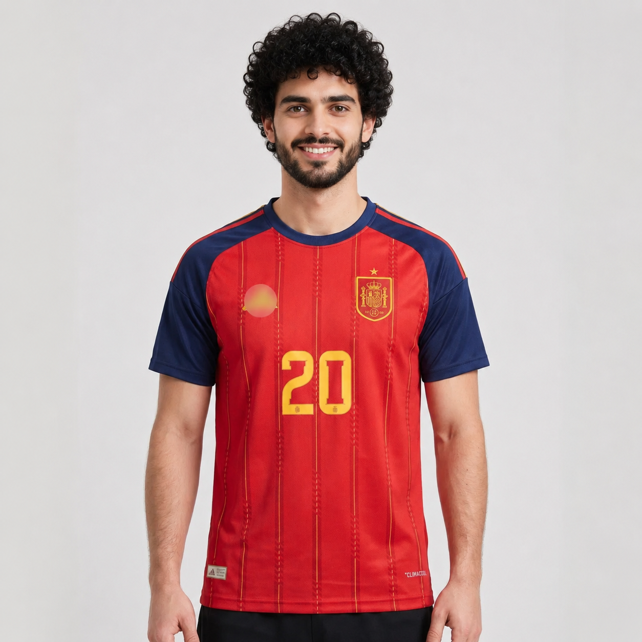 Person wearing a red and blue sports jersey with the number 20 on a light gray background