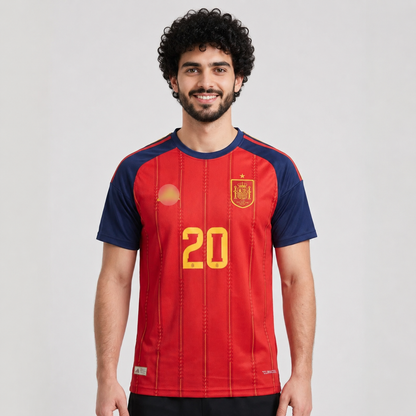 Person wearing a red and blue sports jersey with the number 20 on a light gray background