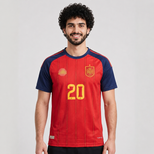 Person wearing a red and blue sports jersey with the number 20 on a light gray background