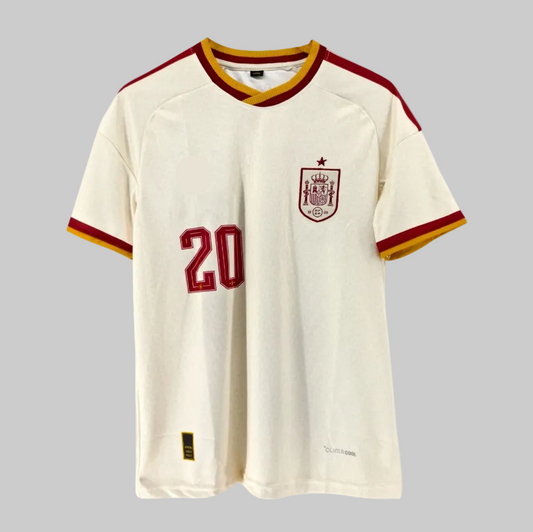 White sports jersey with red and yellow accents, featuring a logo and number 20 on a gray background.